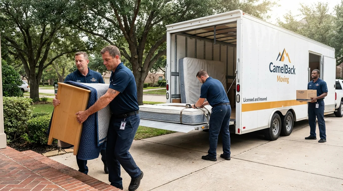 Crew loading residential truck for cross-state move from Lexington, OK