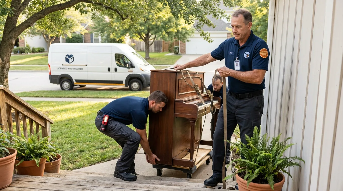 Licensed piano movers securing grand piano in Lexington, OK