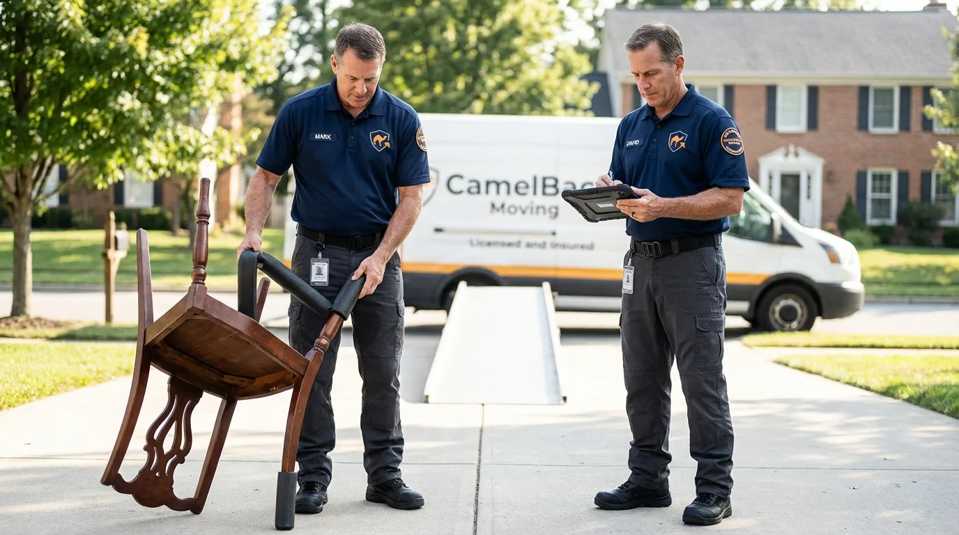Movers inspecting furniture for damage prevention before loading in Lexington, OK