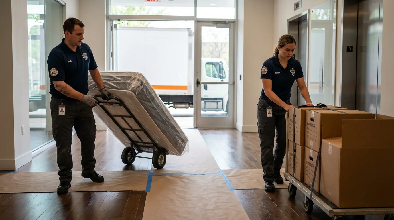 Professional apartment movers loading elevator in Lexington, OK