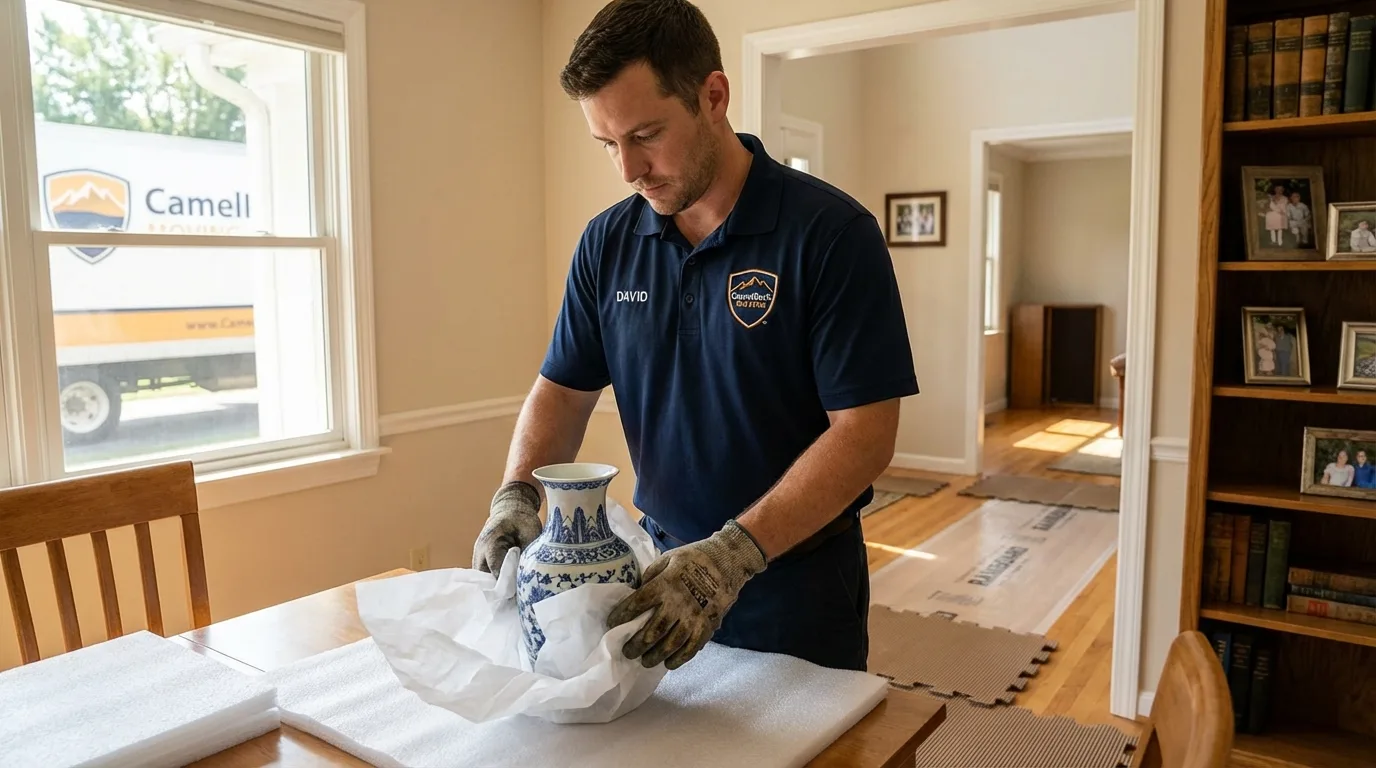 Professional crew carefully wrapping antique vase for senior downsizing move in Lexington, OK